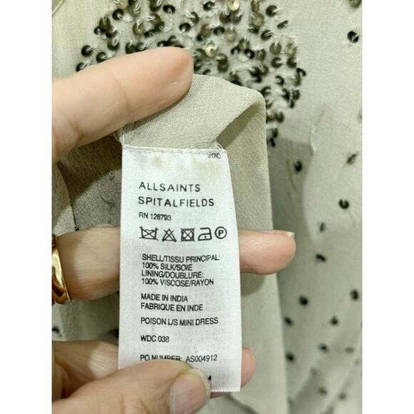 All Saints Poison Chiffon Spain Long Sleeve Mini Dress Mist Women's 6 UK / 2 US - Picture 5 of 5